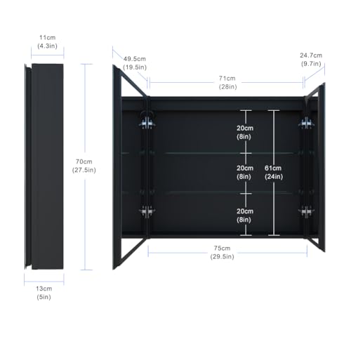 KWW 75 x 70 cm Double Doors LED Lighted Bathroom Medicine Cabinet with Mirror, Defogger, Dimmer, 3 Color Light Makeup Mirror, Outlets & USBs, Easy to Install, Wall Mounted Medicine Cabinet - Image 3
