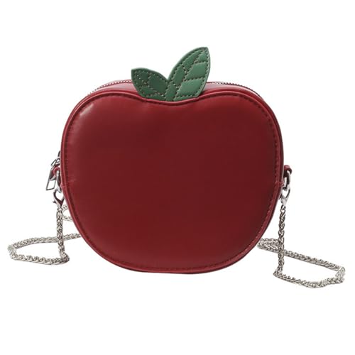 Apple Purse Fruit Shape Handbag PU Leather Zipper Crossbody Metal Chain Shoulder Bag, Red