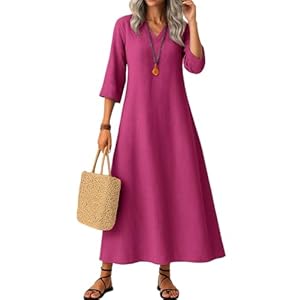 Robe Ete Femme, Maxi Robes Boheme à Col en V et Manches 3/4 Couleur Unie, Robe Ete Femme Mi Longue