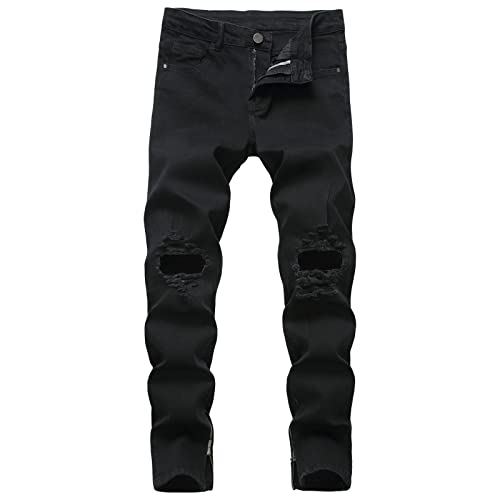 Maiyifu-GJ Men's Ripped Slim Tapered Leg Jeans Knee Holes Ankle Zipper Denim Pencil Pants Skinny Destroyed Jean Trousers (Black,32)