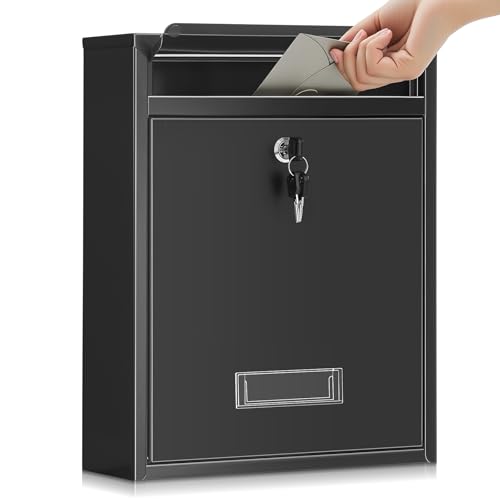 Image of Yaocom Wall Mount Mailboxes for Outside 15.8 x 11 x 4.7 Inches Large Vertical Mailbox with Key Locking Outdoor Metal Steel Mail Drop Security Hanging Secure Postbox for Home Office School, Black
