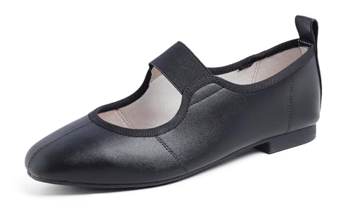FEVERSOLE Women's Cushion Padded Comfort Square Toe Soft Mary Jane Dressy Elastic Strap Easy Slip on Work Office Flats