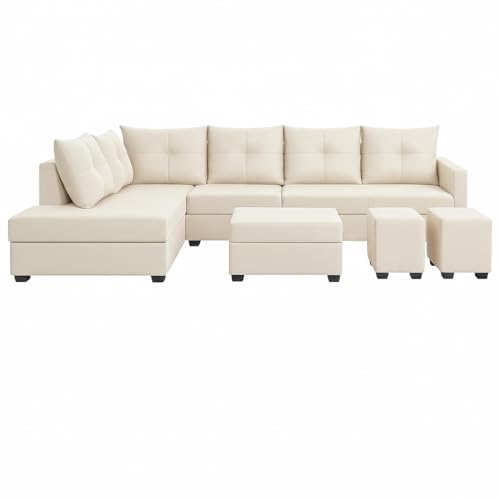 Image of SOCOZI Oriana 8 Seater LHS L Shape Sofa Set | Velvet Suede Fabric L Shape Sofa for Livingroom with 2 Ottoman & Centre Table | (Cream)