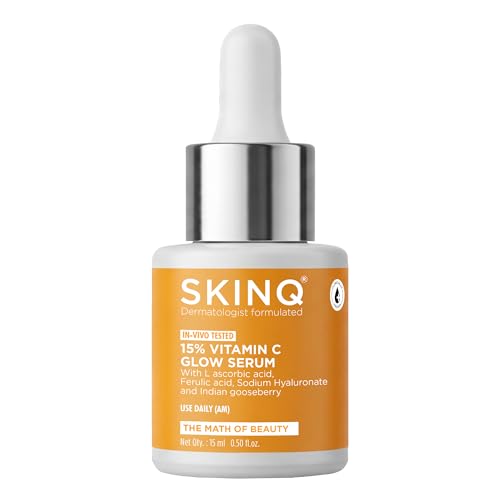 Image of SKINQ 15% Vitamin C Glow Serum with L Ascorbic Acid, Ferulic Acid & Sodium Hyaluronate | Reduces Tan & Brightens Skin | Lightweight, Non-Sticky | For All Skin Types | In-Vivo Tested I Derma Formulated | 15ml