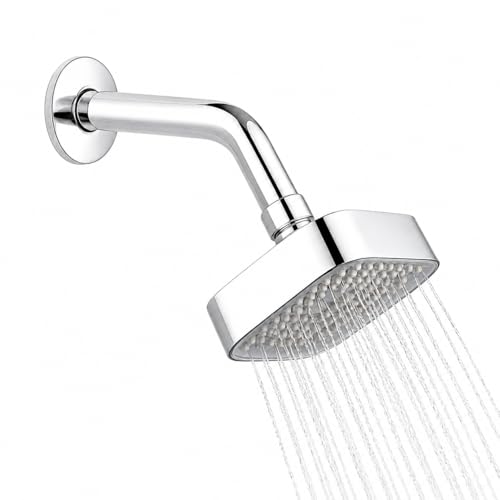 Image of HOUZA Square Shower Head for Bathroom | 4 Inch Single Flow Overhead Shower with Arm | Adjustable Bathroom Shower with Even Water Flow & Rust Resistant | Anti-Clog Silicone Nozzles for Wall Mounting