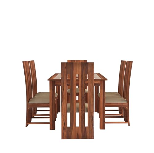 Image of SONA ART & CRAFTS Solid Sheesham Wood Dining Table 6 Seater Dining Table Set with 6 Cushion Chairs & Glass Top Dinner Table Set for Dining & Living Room Furniture for Home Restaurants (Teak Finish)
