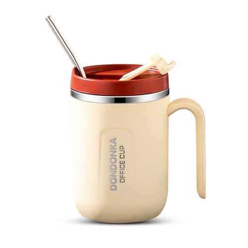Kytpyi Termo Cafe, Termo Cafe para Llevar, 500ml Taza Termo Cafe para Llevar a Prueba de Fugas con Paja para Bebida Fría Caliente, Vaso Termico Acero inoxidable para Hogar Oficina Viajar (Amarillo)