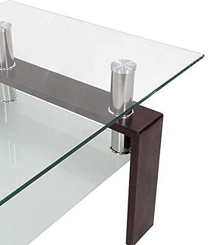 NAKURA Mesa de centro Quénia tampa e revisteiro de cristal e pés de MDF - WENGUE - 100 x 60 cm
