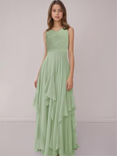 Girl Halter Junior Bridesmaid Dresses Chiffon A-Lin Pleated Maxi Dress Cascading Ruffles Wedding Party Pageant Gowns3