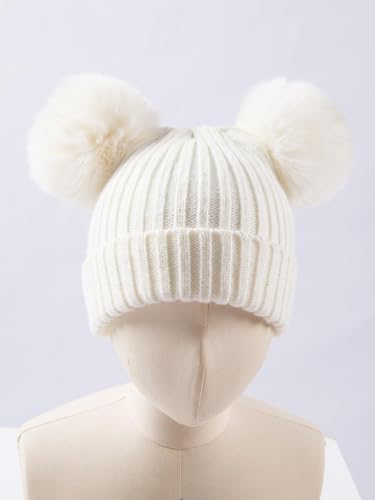 Boys Girls Knitted Beanie Hat Winter Detachable Faux Fur Double Pom Pom Knitting Beanie Warm Knit Skull Winter Cap4