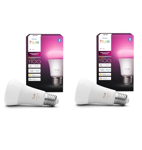 Philips Hue Bundle – 2 x weiße und farbige Ambiance 1100 A60 E27 Smart-Leuchtmittel, dimmbare LED, 16 M Farben, App- und Sprachsteuerung, funktioniert mit Alexa, Google Home und Apple HomeKit