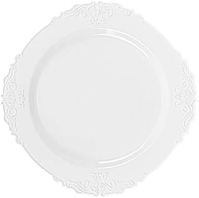 PLASTICPRO 64 Pack Elegant Disposable Plastic Plates Combo Set Includes 32 Dinner Plates and 32 Salad Heavy Duty Fancy Party Plates White Embossed Victorian Design — view 7