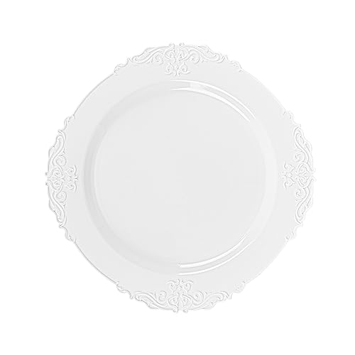 PLASTICPRO 128 Pack Elegant Disposable Plastic Plates Combo Set Includes 64 Dinner Plates and 64 Salad Plates Heavy Duty Fancy Party Plates White Embossed Victorian Design by PLASTICPRO - Used condition - Image 6