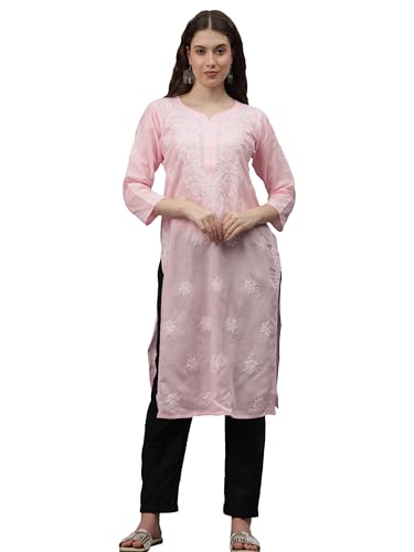 Image of Seva Chikan Hand Embroidered Lucknowi Chikankari Appricoat Peach Terivoil Cotton Kurta for Women SCL4603
