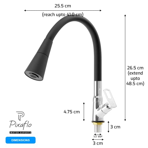Image of Pixaflo Brass Swan Neck Tap with 360-degree Swivel Black Flexible Silicone Swivel Spout for Kitchen Sink and Wash Basin, Dual Flow (Cassia)