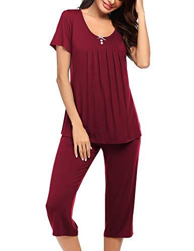 Ekouaer Women's Cotton Pajamas Set Soft O Neck Front Pleated Sleepwear Top and Capri Pj Lounge Sets Bow and Buttons Decoration Wine Red XL