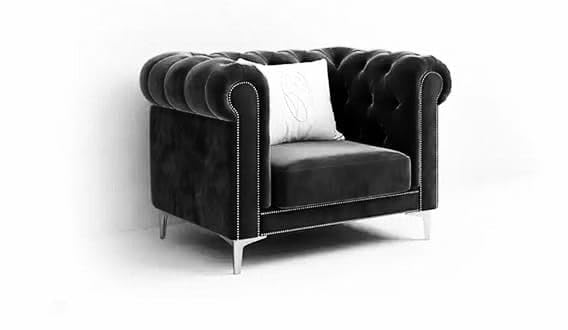 Image of Modern Classic 4 Seater Velvet Button Tufted 3+1+1Footrest Chesterfield Sofa for Living Room and Office (Pillows Not Included) (Black)