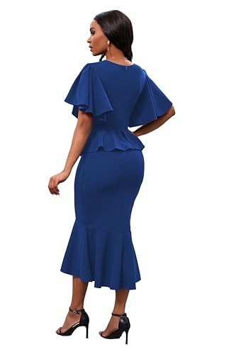 Image of Womens Summer Ruffle Short Sleeve Fishtail Dress Evening Cocktail Formal Peplum Midi Mermaid Dresses Elegant