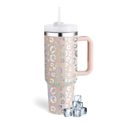 Image of cudinham 40 oz Tumbler Leopard Print with Handle Lid Straw Insulated Stainless Steel Vacuum Coffee Travel Cup Holder Friendly Keep Drinks Cold Gifts for Lover Women Car Gym, Pink
