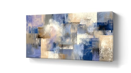 Tableau sur toile bleu et beige 30x60cm art géométrique abstrait