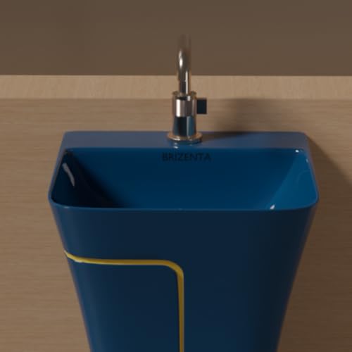 Image of Pedestal Wash Basin, Ceramic One Piece Wash Basin for Bathroom & Living Room, Modern Home Wash Basin with Glossy White Finish (L15XW15.8XH35 Inch) (Royal Blue + Yellow Line)