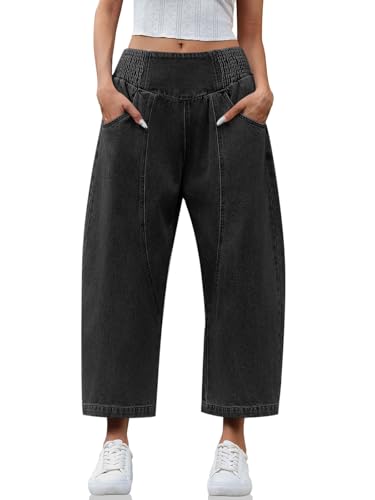 Cicy Bell Womens Wide Leg Cropped Jeans Baggy Boyfriend Smocked Mid Rise Harem Denim Pants