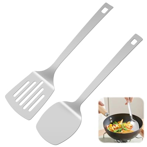 2 Pezzi Mestoli Cucina Acciaio Inox, Solida Mestolo Cucina e Scanalata Spatola da Cucina, Utensili Cucina Acciaio Inox, Appendere Spatole Cucina con Fori, Spatola Cucina per Padelle Antiaderenti