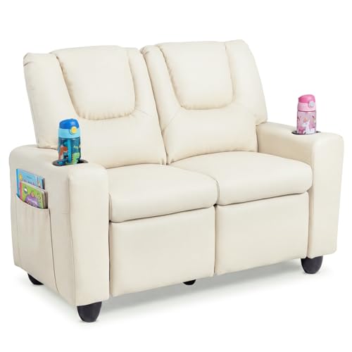 Costzon 2-Seater Kids Recliner PU Leather Kids Loveseat w/2 Cup Holders & 2 Side Storage Pockets Toddler Lounge Sofa Chair Couch w/Adjustable Backrest & Footrest for Girls & Boys 3+ Years Old Gifts