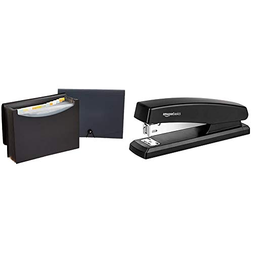 AmazonBasics Expanding Organizer File Folder, Letter Size - Black/Gray (2-Pack) & 10-Sheet Capacity, Non-Slip, Office Stapler with 1000 Staples, Black