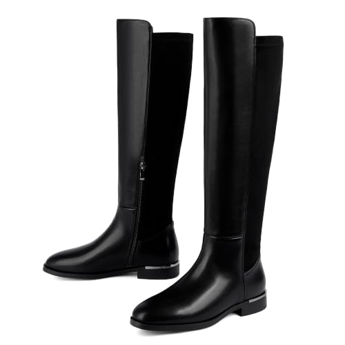 Image of Modatope Rounded Toe Flat Stretchy Dress Knee High Boots Side Zipper | Suede Elastic Fall Winter Boots, Low Chunky Block Heel Riding Boots,2026 Fashion Womens Tall Long Boots