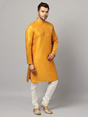 Image of Uri and MacKenzie Banarasi Dupion Silk Solid Kurta Churidar Pyjama Set for Men