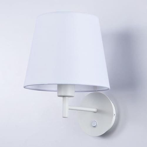 Alpinaluz Aplique de Pared con Pantalla Textil Blanca – Estructura Metálica Blanca Mate – Casquillo E27 – Interruptor Frontal – Lámpara Clásica para Cabecero, Dormitorio, Salón o Pasillo