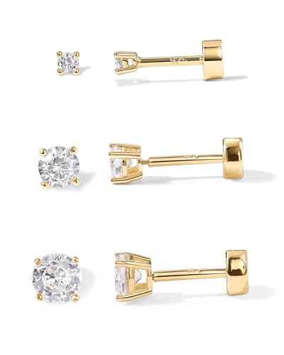 Image of PAVOI 14K Gold Plated Solid 925 Sterling Silver Post Cubic Zirconia Stud Flat Back Earrings for Women | Cartilage Earring | Helix Piercing Jewelry | Small Stud Earrings for Women