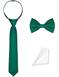 AmazingSea Boys Tie & Bow Tie Set, Dark Green Pre-tied Adjustable Zipper Formal Necktie Set for Uniform Easter Photo Celebration with Pocket Square (Dark Green, Big Kids)