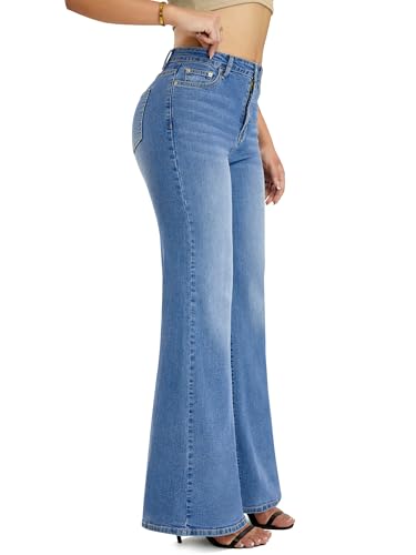 QICAMO High Waisted Wide Leg Flared Jeans for Women, Stretchy Loose Bell Bottom Jean with 5-Pocket Blue