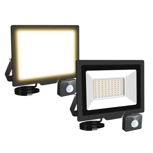 RIGIDON 2 Pcs PIR Motion Sensor Outdoor Floodlight, 50W 5000 Lumens Outside Led Work Light