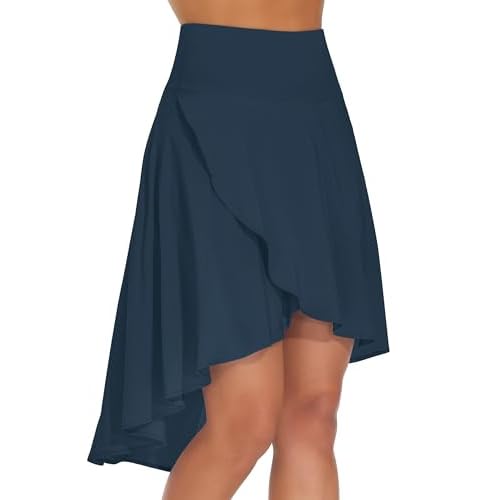 THE GYM PEOPLE Women's High Waist Wrap Ruffle Hem Asymmetric Skort High Low Flowy Midi Skirt with Shorts Medium Dark Navy Blue