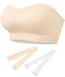 PRETTYWELL Strapless Bra for Women Ribbed Seamless Non-Slip Comfort Padded Wireless Bandeau Bras Wireless Tube Top Bra Nude