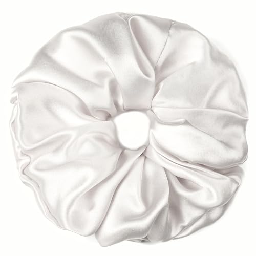 100% Pure Mulberry Silk Scrunchies – Handmade in USA – 19 Momme 6A Grade Silk Hair Tie for Women & Girls – Gentle Elastic Ponytail Holder – No-Crease, Prevents Breakage & Frizz – Jumbo (Off White)