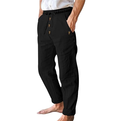 Mens Linen Beach Pants Summer Vacation Casual Baggy Wide Leg Trousers Buttoned Drawstring Yoga Pants with Pockets2