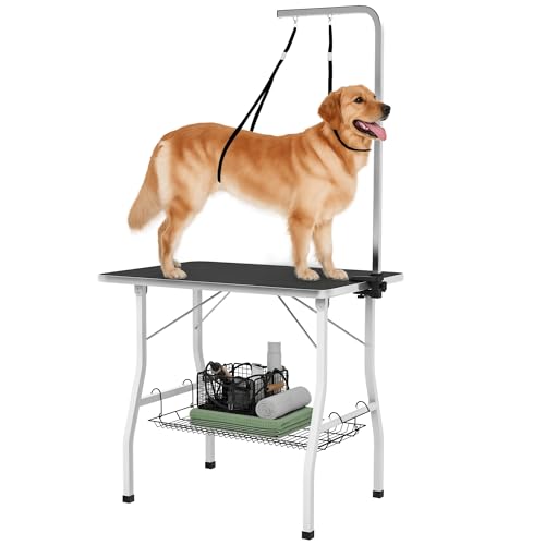 PawHut Table de toilettage pour Chien Pliante 90x60x76cm, Stable - Plateau antidérapant Caoutchouc, 2 Sangles - Potence réglable INOX et Panier - Station d'entretien...