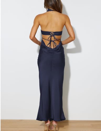 Image of Women Summer Satin Halter Neck Backless Formal Wedding Guest Maxi Dress