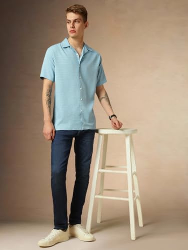 Image of Dennis Lingo Men's Half Sleeve Cuban Collar Solid Textured Relaxed Fit Casual Shirt