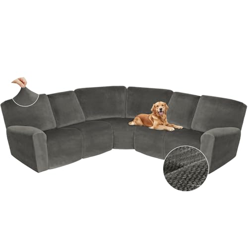 Arfntevss Sectional Recliner Couch Covers Velvet Corner Sectional Sofa Cover for Reclining Couch Stretch Soft L Shape Recliner Slipcover Thick U Shaped Washable Protector (5 Seat Cover, Dark Gray)