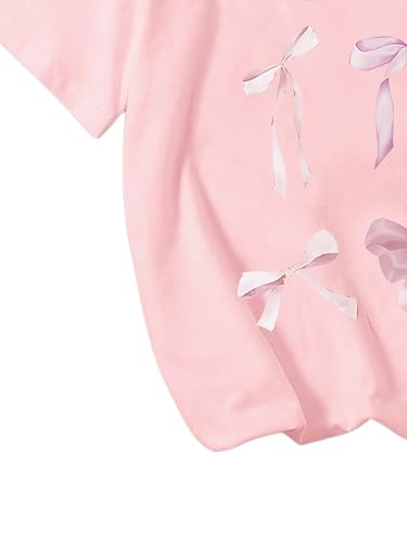 Image of Girl's Bow Graphic Tees Crew Neck Short Sleeve Summer T Shirts Preppy Cute Clothes for Girls