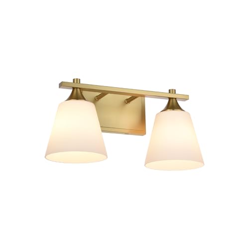 Image of Brass Bathroom Vanity Light Fixtures, 2 Lights Traditional Gold Vanity Lighting Fixture with Opal Glass Shade, Porch Wall Mount Light Fixture for Bathroom, Mirror Cabinets Hallway Stairs, Aged Brass