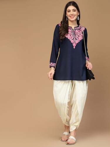 Image of QAZMI Women's Naila Kashmiri Aari Embroidered Viscose Rayon Full Sleeves A-Line Short Kurti