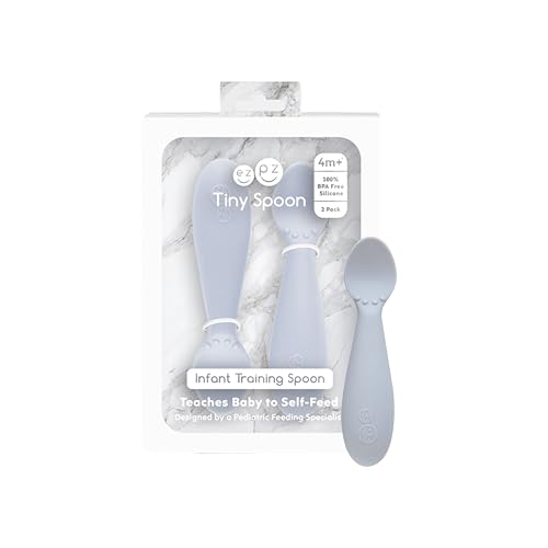 ezpz Tiny Spoon (2 Pack in Pewter) - 6 Months+ - 100% Silicone Spoon for Baby Led Weaning + Purees - Designed by a Pediatric Feeding Specialist - Shower Essentials & Gifts