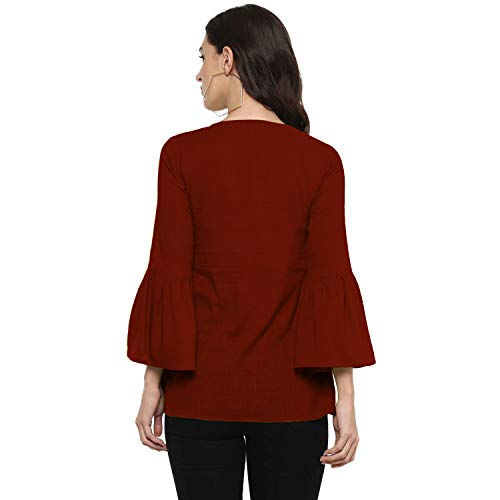 Image of Cotton Plain and Solid Bell Sleeve A-Line Short Round Neck Flared Tunic Top for Girls Women