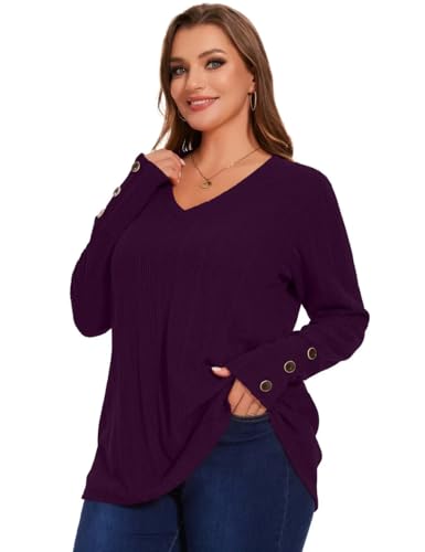 MONNURO Womens Plus Size Tops V Neck Long Sleeve Button Lightweight Tunic Sweaters Shirts Loose Fit2